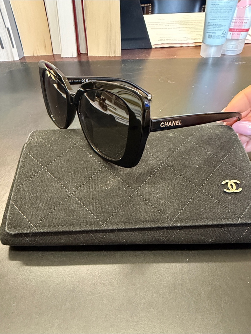 CHANEL Black Oversized Cat-Eye Sunglasses with Gold Logo